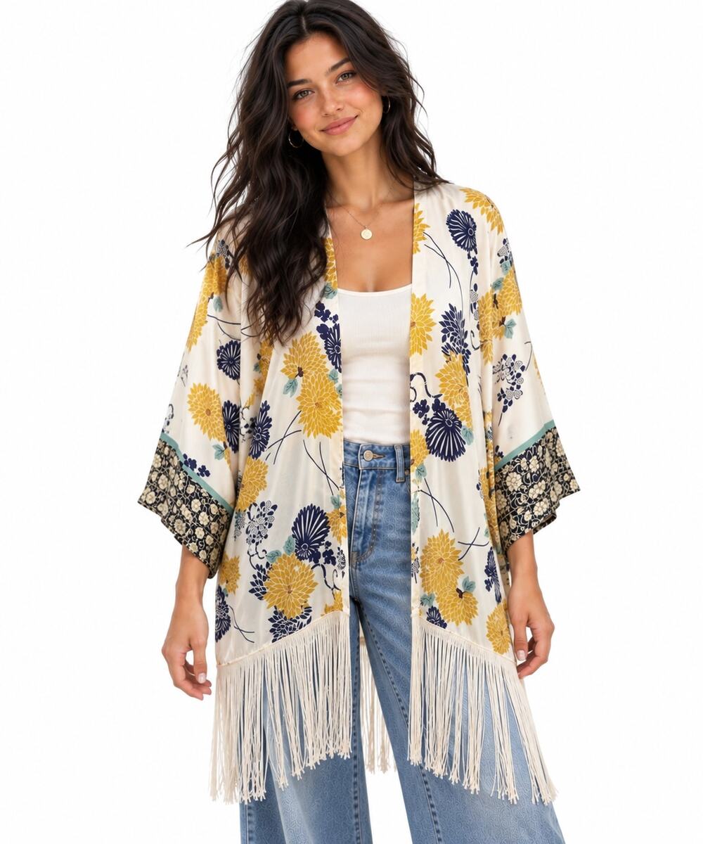 Zara Floral Fringed Kimono Medium Topper